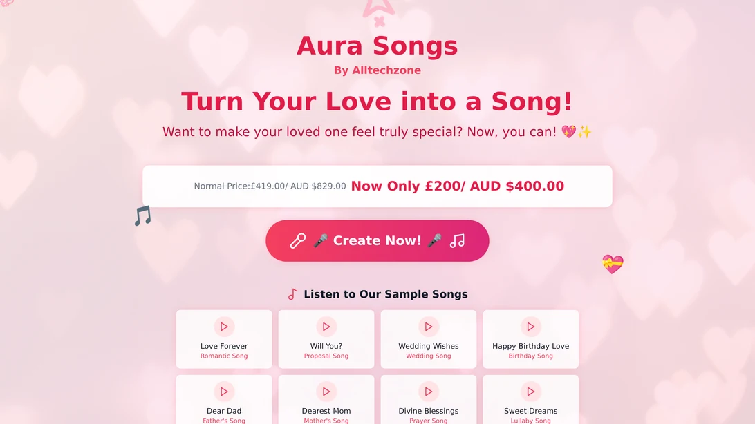 Aura Songs desktop website view