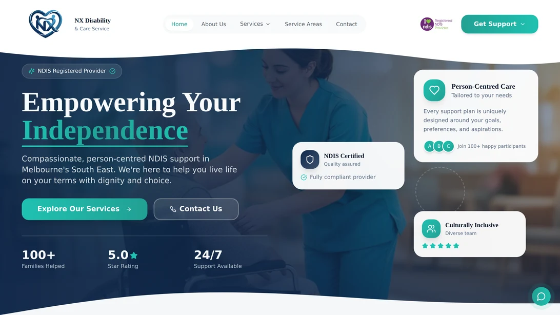 NX Disability Care desktop website view