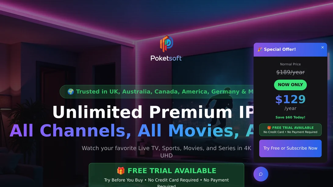 PoketSoft TV desktop website view