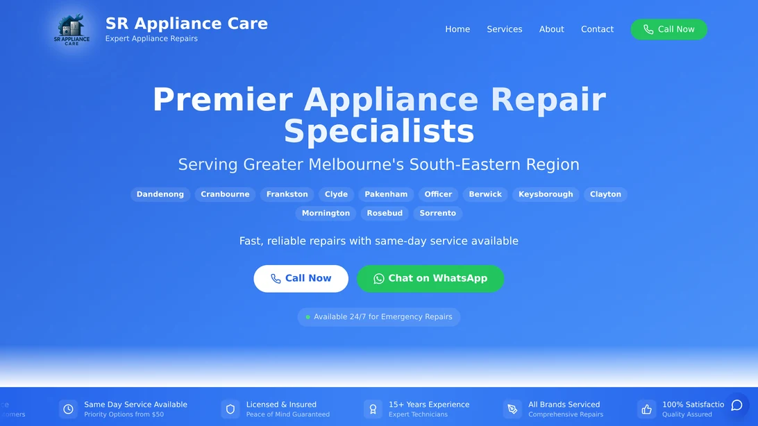 SR Appliance Care desktop website view